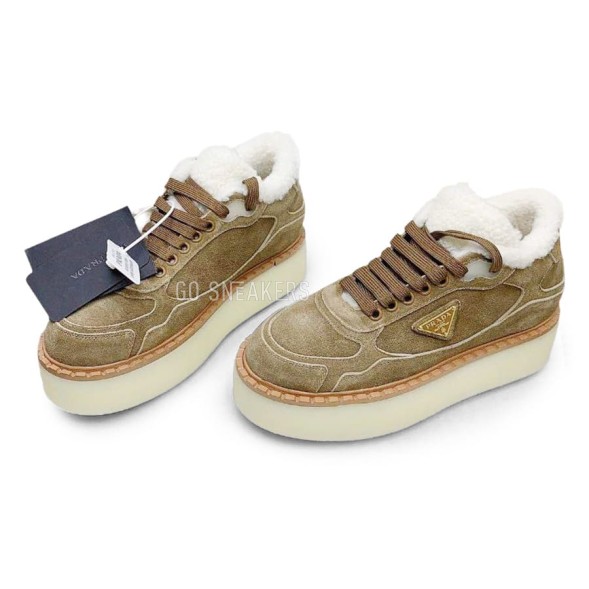 Женские зимние кроссовки на платформе Prada Platform Suede Winter Beige