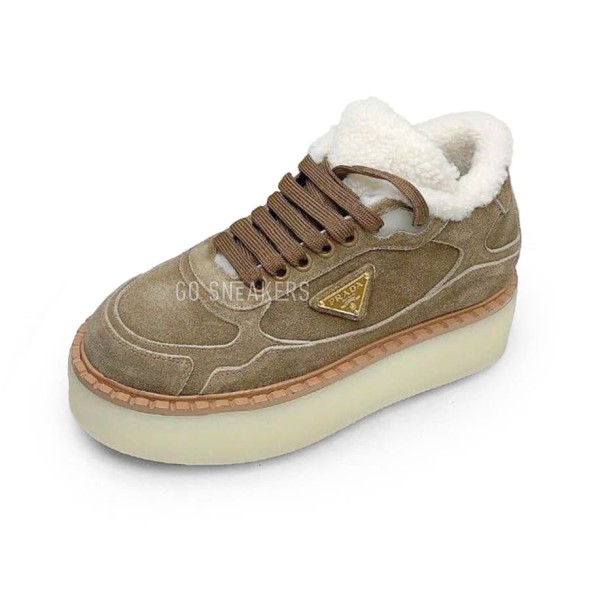 Женские зимние кроссовки на платформе Prada Platform Suede Winter Beige